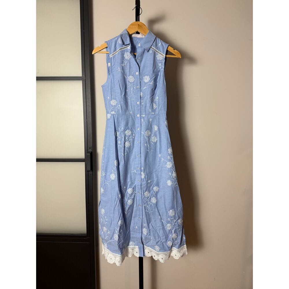Rachel Parcell Blue Embroidered Sleeveless Midi Dress with White Lace Trim